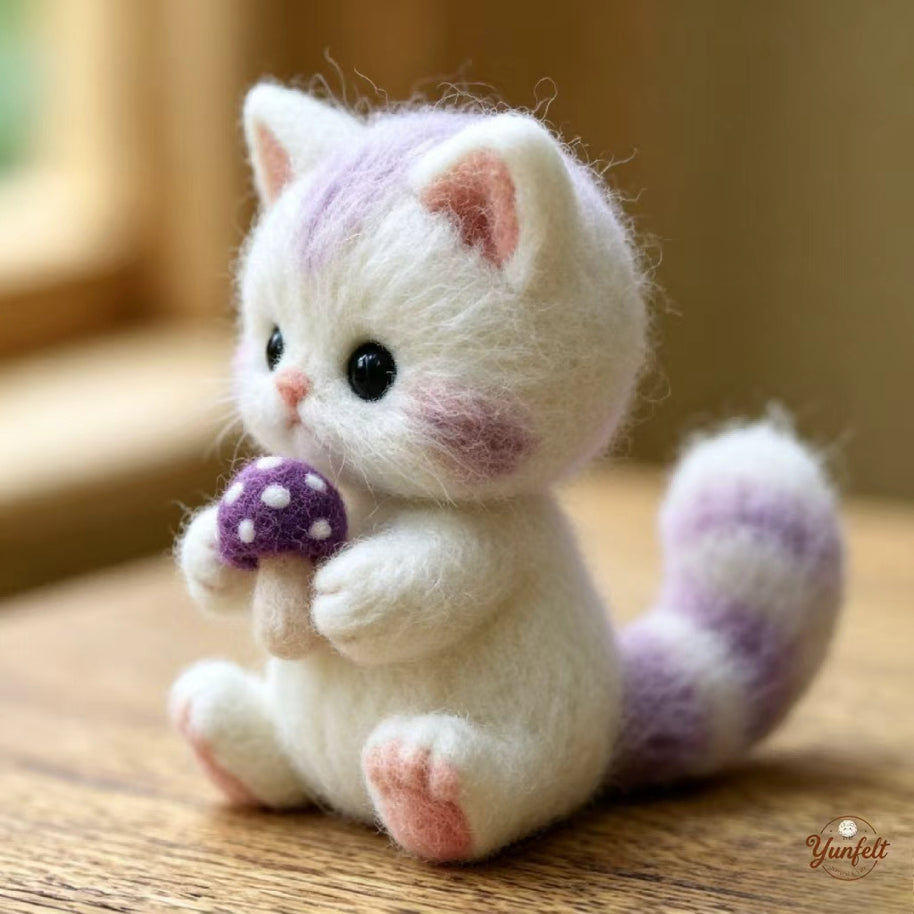 Handmade Wool Felt Purple Mushroom Cat Figurine – Whimsical Desk Decor Gift
