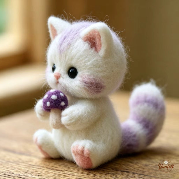 Handmade Wool Felt Purple Mushroom Cat Figurine – Whimsical Desk Decor Gift