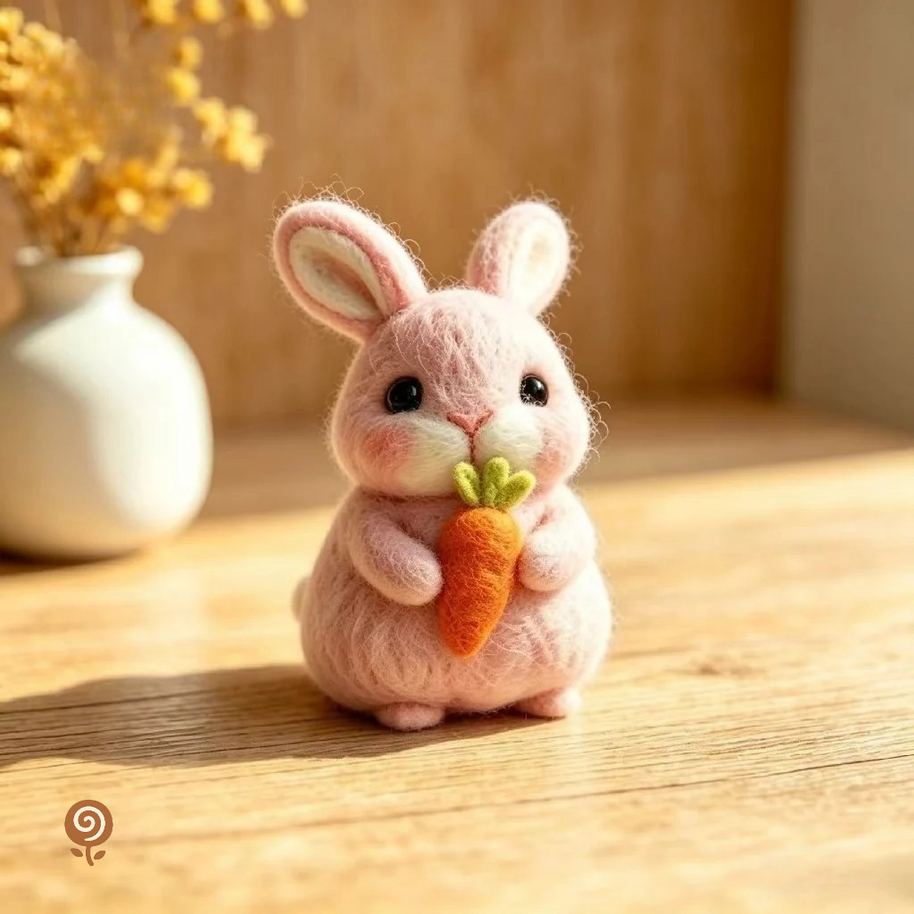 The Little Carrot-Hugging Bunny – Handmade Wool Felt Rabbit Figurine