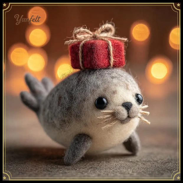Gift‑Bearer Seal – Wool Felt Figurine with Present on Head