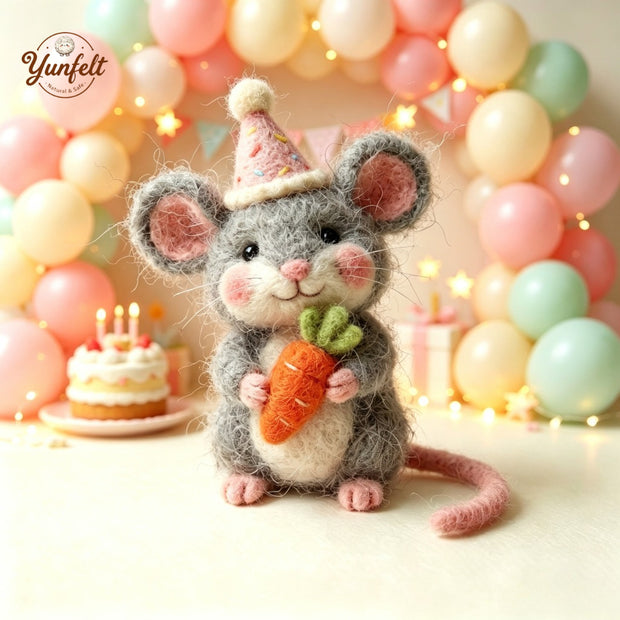 Handmade Wool Felt Party Hat Mouse Figurine – Birthday Desk Decor Gift