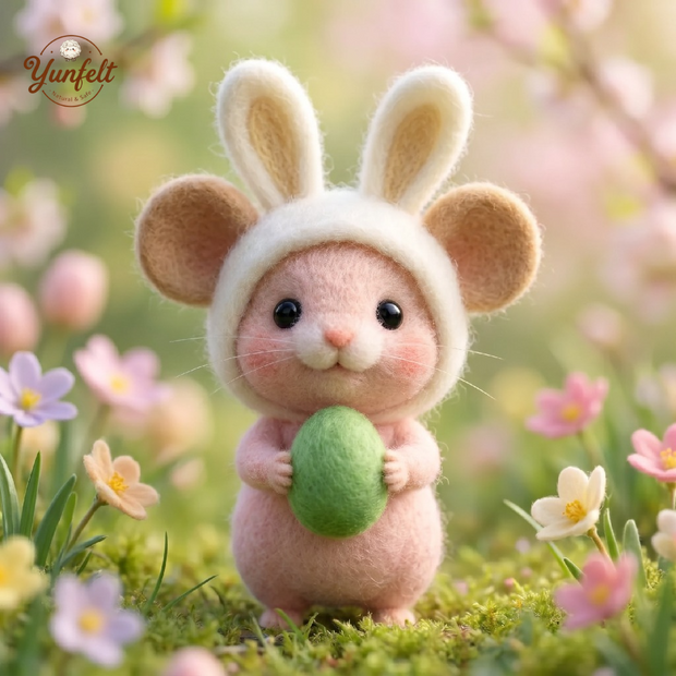 Mouse in Bunny Suit Holding Easter Egg – Wool Felt Spring Figurine