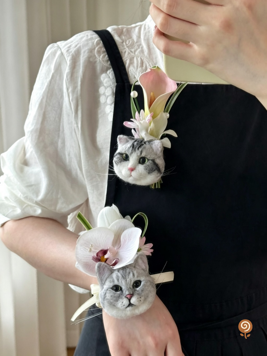 Custom Pet Portrait Floral Keepsake – Handmade Wool Felt Brooch or Wrist Corsage