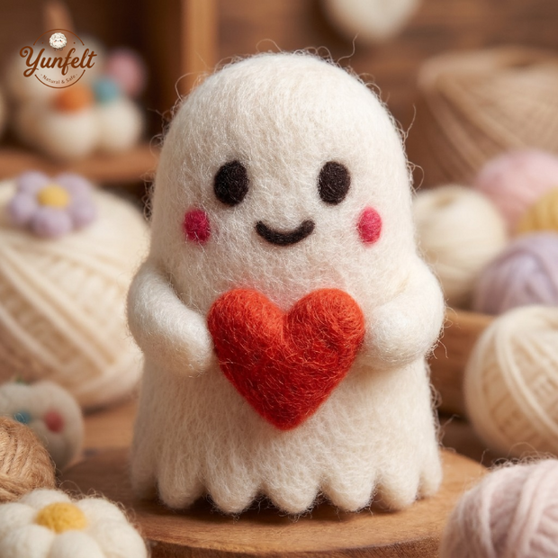 Friendly Ghost Figurine – Wool Felt Love Spirit with Heart