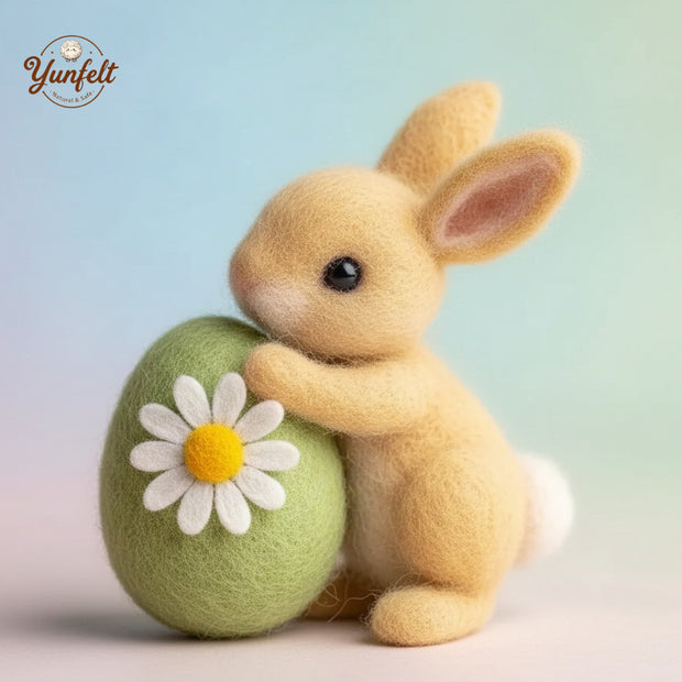 Honey Brown Bunny with Daffodil Egg – Wool Felt Easter Figurine