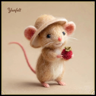Mouse with Strawberry & Straw Hat – Wool Felt Summer Figurine
