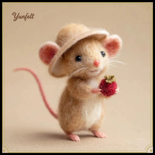 Mouse with Strawberry & Straw Hat – Wool Felt Summer Figurine