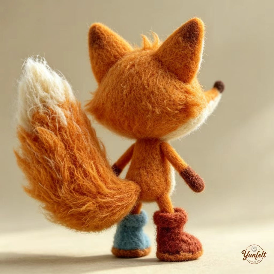 Handmade Wool Felt Two-Tone Boots Fox Figurine – Playful Desk Decor Gift