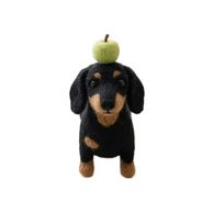 Dachshund with Green Apple on Head – Wool Felt Balancing Desk Pet