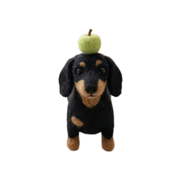 Dachshund with Green Apple on Head – Wool Felt Balancing Desk Pet