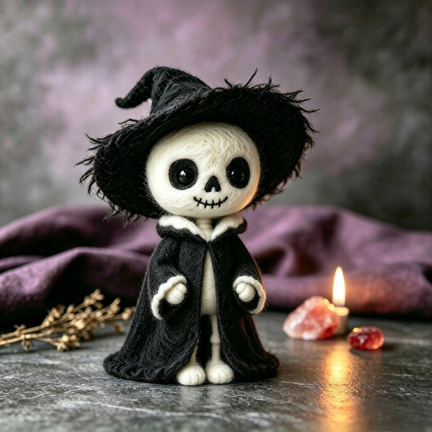 Handmade Wool Felt Spooky Skeleton Figurine – Gothic Halloween Decor Gift