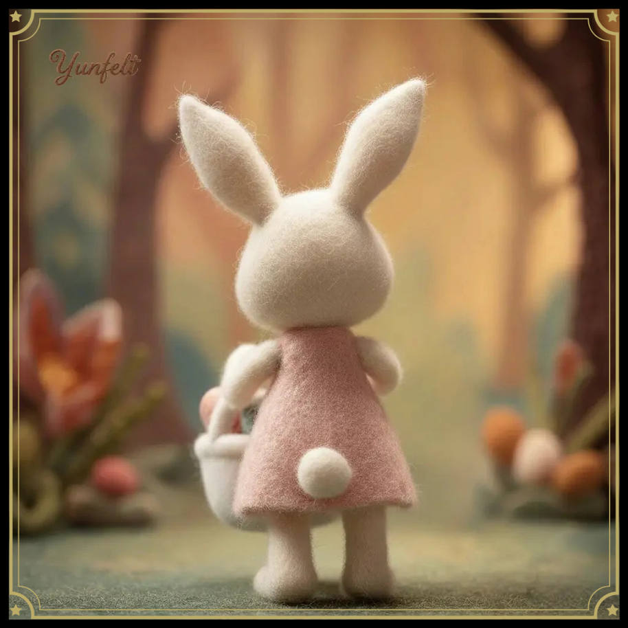 Easter Bunny with Basket – Wool Felt Pink Dress Figurine