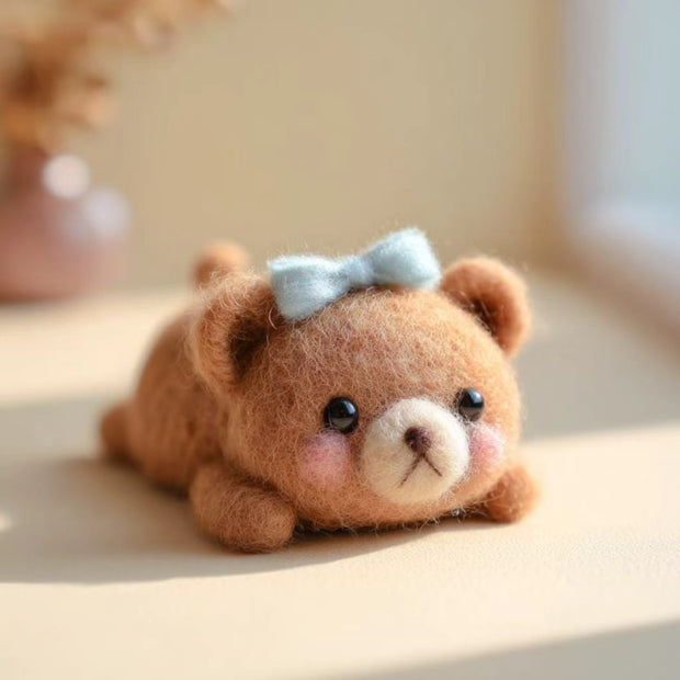 Handmade Wool Felt Lying Bear Figurine – Cozy Desk Decor Gift