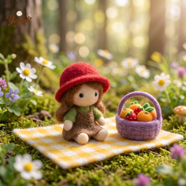 Spring Picnic Girl Set – Wool Felt Figurine with Fruit Basket & Mat
