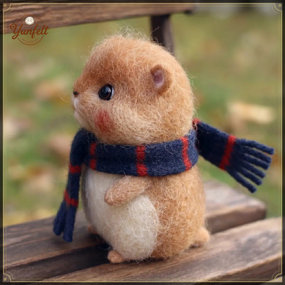 Winter Buddy Hamster with Scarf – Wool Felt Healing Desk Pet
