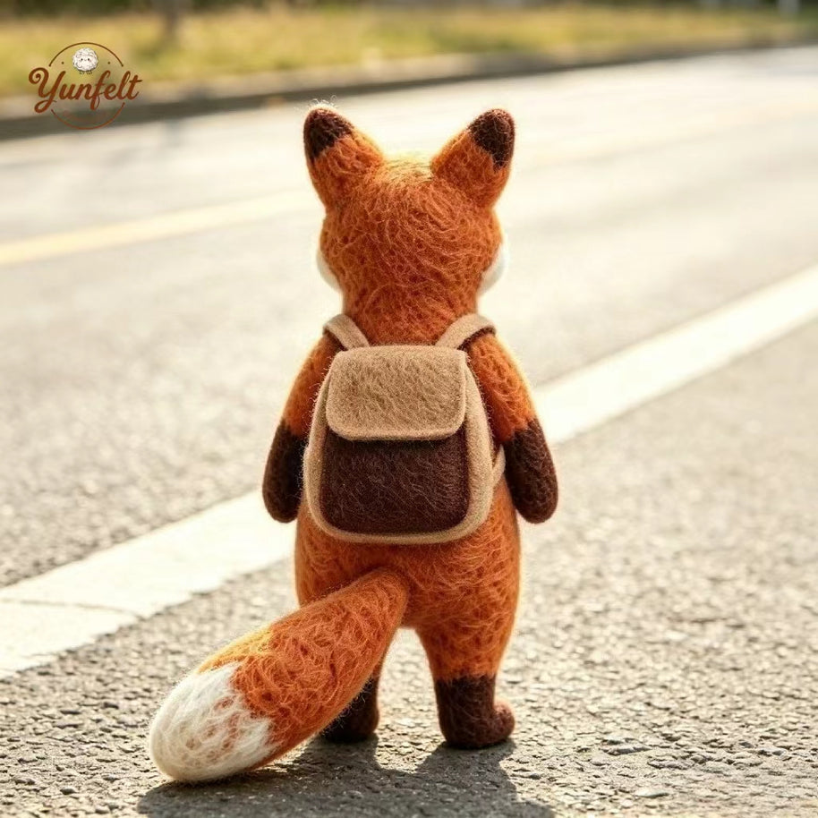Handmade Wool Felt Fox Figurine with Backpack – Travel Desk Decor Gift