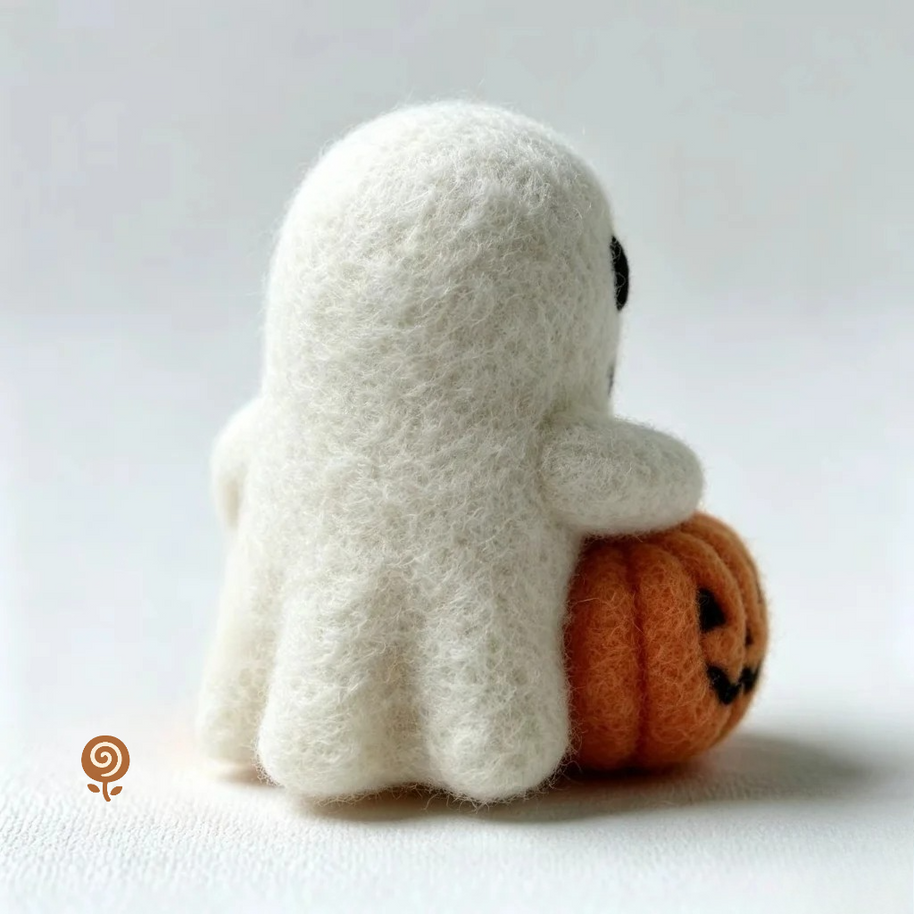 The Pumpkin-Hugging Little Ghost – Handmade Wool Felt Halloween Figurine