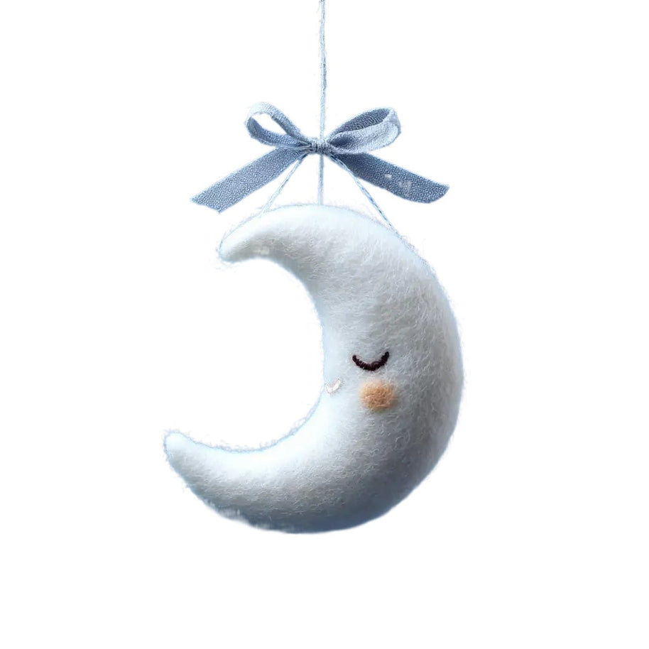 Sleepy Crescent Moon with Blue Bow – Wool Felt Nursery Hanging Decor