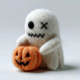 The Pumpkin-Hugging Little Ghost – Handmade Wool Felt Halloween Figurine
