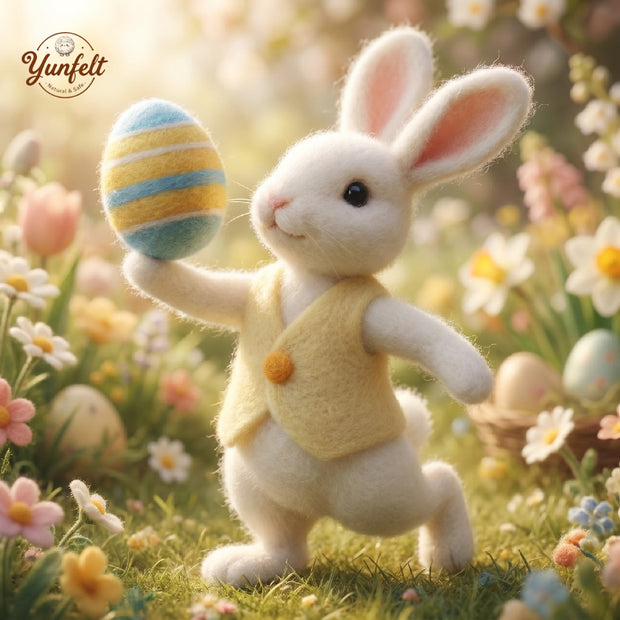 Running Easter Bunny with Green Vest & Striped Egg – Wool Felt Spring Figurine