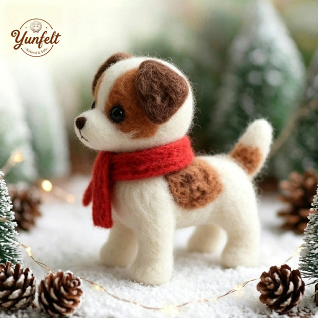 Puppy with Green Scarf – Wool Felt Cozy Holiday Dog Figurine