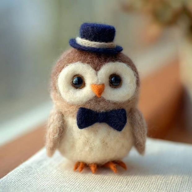 Handmade Wool Felt Top Hat Owl Figurine – Vintage Desk Decor Gift