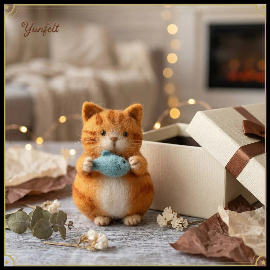 Orange Tabby Cat with Blue Fish – Wool Felt Hanging Ornament