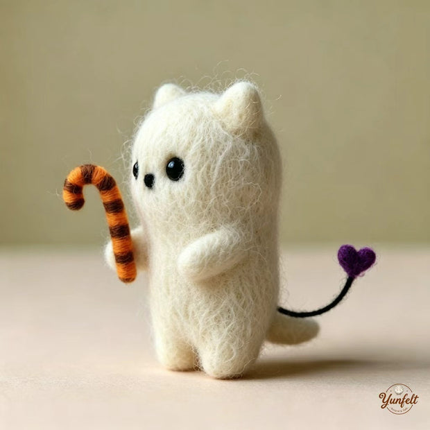 Handmade Wool Felt Ghost Cat Figurine – Halloween Desk Decor Gift