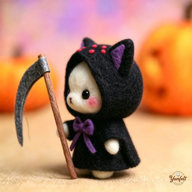 Handmade Wool Felt Reaper Cat Figurine – Spooky Halloween Desk Decor Gift