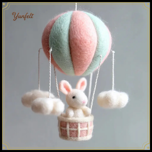 Pastel Hot Air Balloon & Bunny Nursery Mobile – Wool Felt Dreamy Hanging Art