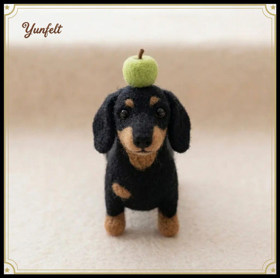 Dachshund with Green Apple on Head – Wool Felt Balancing Desk Pet
