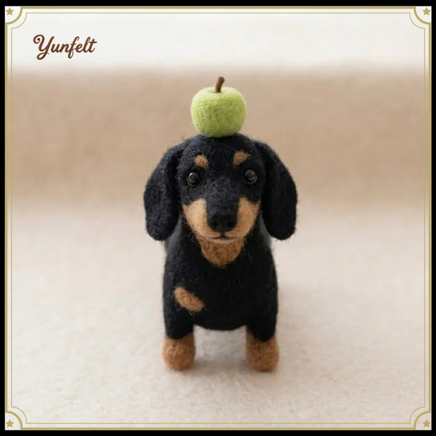 Dachshund with Green Apple on Head – Wool Felt Balancing Desk Pet