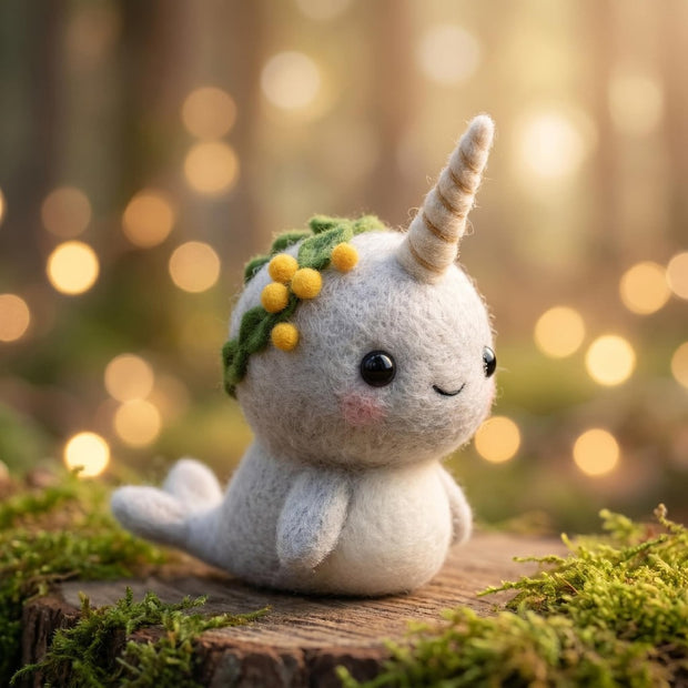 Narwhal with Holly Wreath – Wool Felt Winter Whimsy Ornament