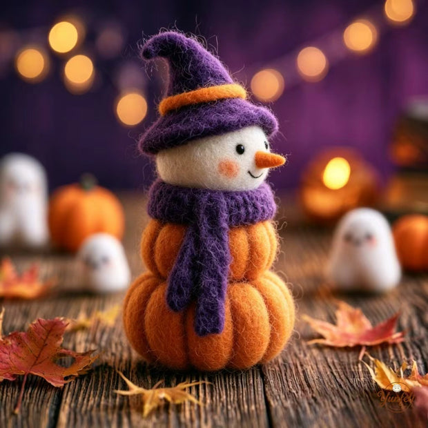Handmade Wool Felt Stacked Pumpkin Witch Figurine – Halloween Desk Decor Gift
