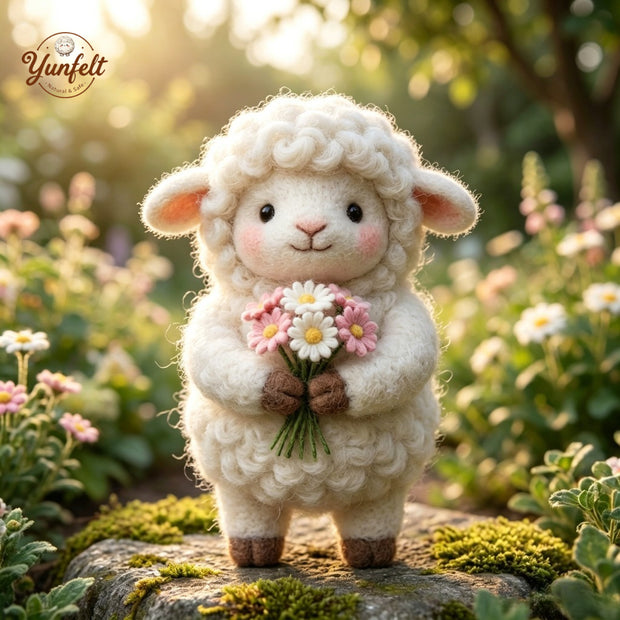 Handmade Wool Felt Curly Lamb Figurine – Floral Desk Decor Gift