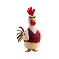 Grumpy Rooster in Burgundy Vest – Playful Wool Felt Desk Mascot