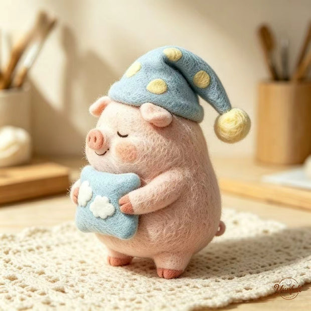 Handmade Wool Felt Sleepy Pig Figurine – Cozy Bedroom Decor Gift