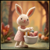 Easter Bunny with Basket – Wool Felt Pink Dress Figurine