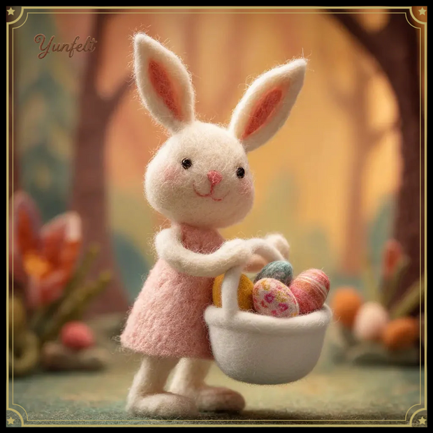 Easter Bunny with Basket – Wool Felt Pink Dress Figurine