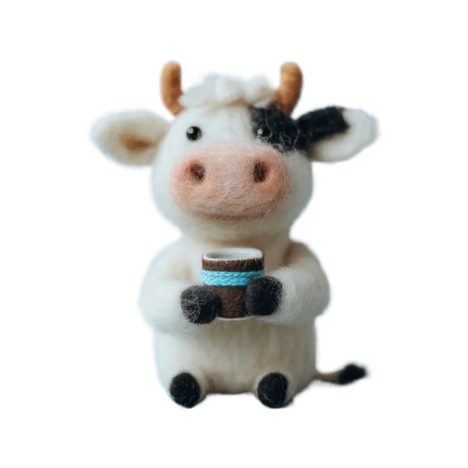 Sitting Cow Holding a Mug – Wool Felt Farmhouse Morning Companion