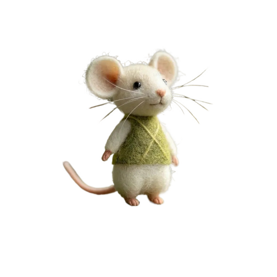 Minimalist Mouse in Green Vest – Simple Wool Felt Desk Figurine
