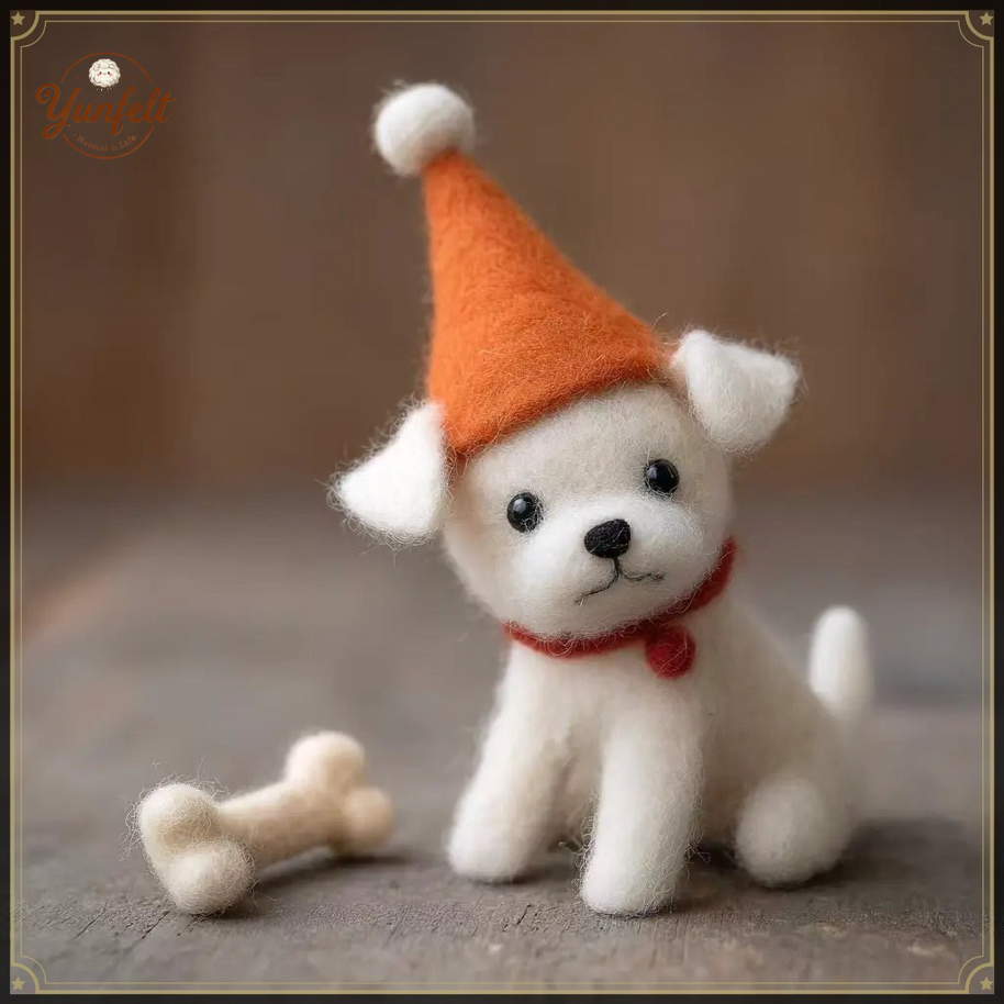 Party Elf Puppy with Bone – Wool Felt Festive Desk Pet