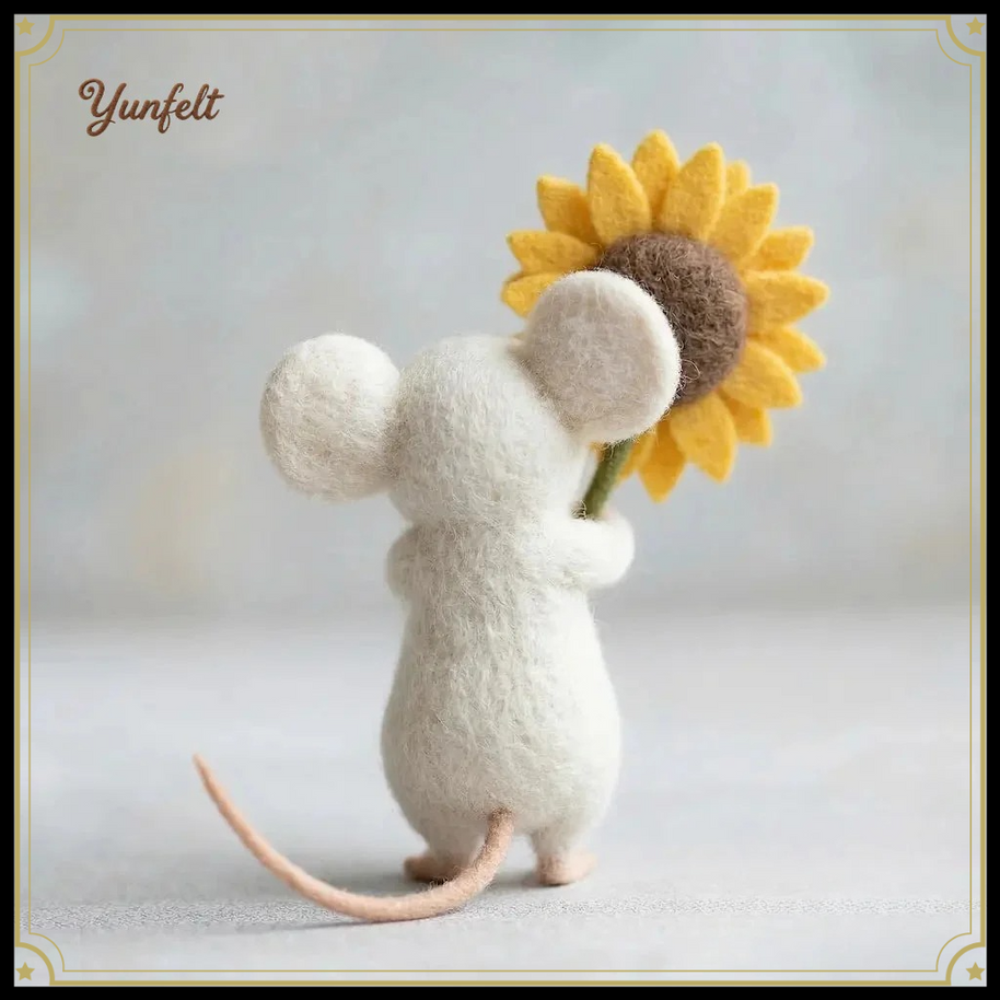White Mouse Holding a Sunflower – Wool Felt Cheerful Figurine