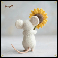 White Mouse Holding a Sunflower – Wool Felt Cheerful Figurine