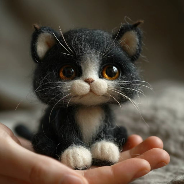 The Amber-Eyed Black Kitten – Handmade Wool Felt Figurine