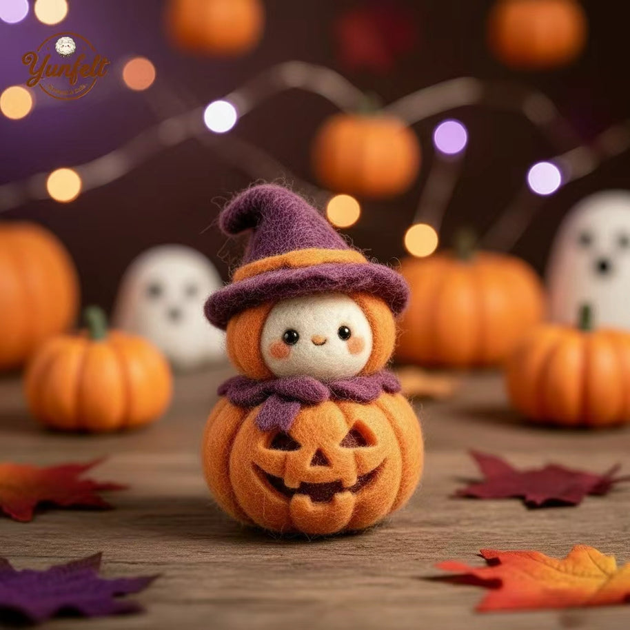 Handmade Wool Felt Stacked Pumpkin Witch Figurine – Halloween Home Decor Gift