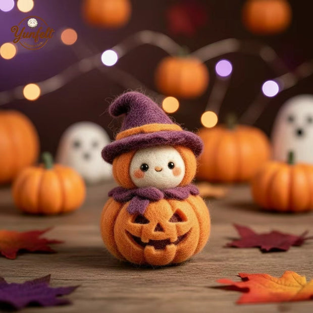 Handmade Wool Felt Stacked Pumpkin Witch Figurine – Halloween Home Decor Gift