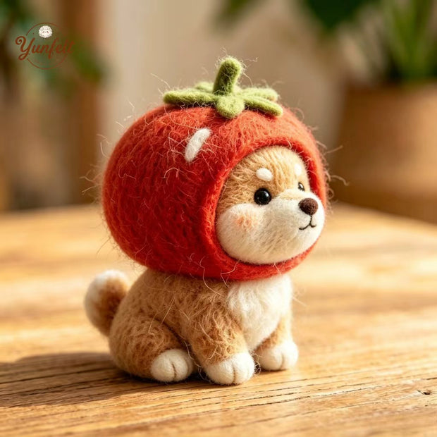 Handmade Wool Felt Tomato Hat Shiba Figurine – Cute Desk Decor Gift
