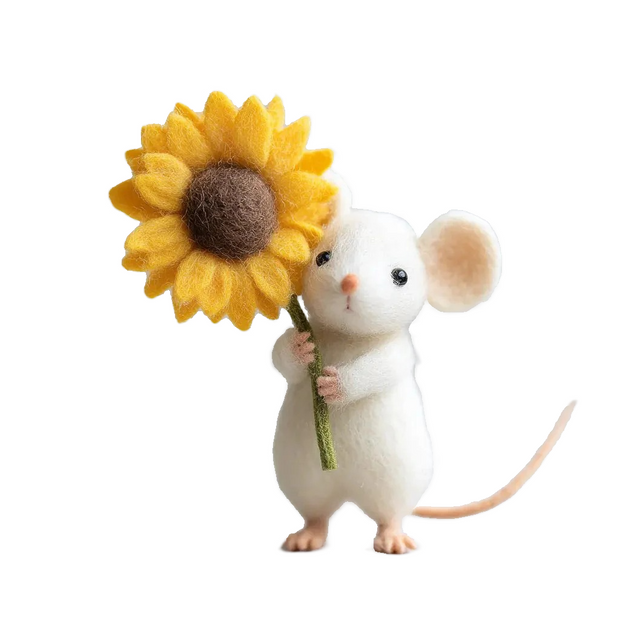 White Mouse Holding a Sunflower – Wool Felt Cheerful Figurine