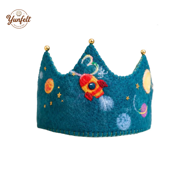 Custom Space Rocket Birthday Crown – Wool Felt Party Hat for Kids